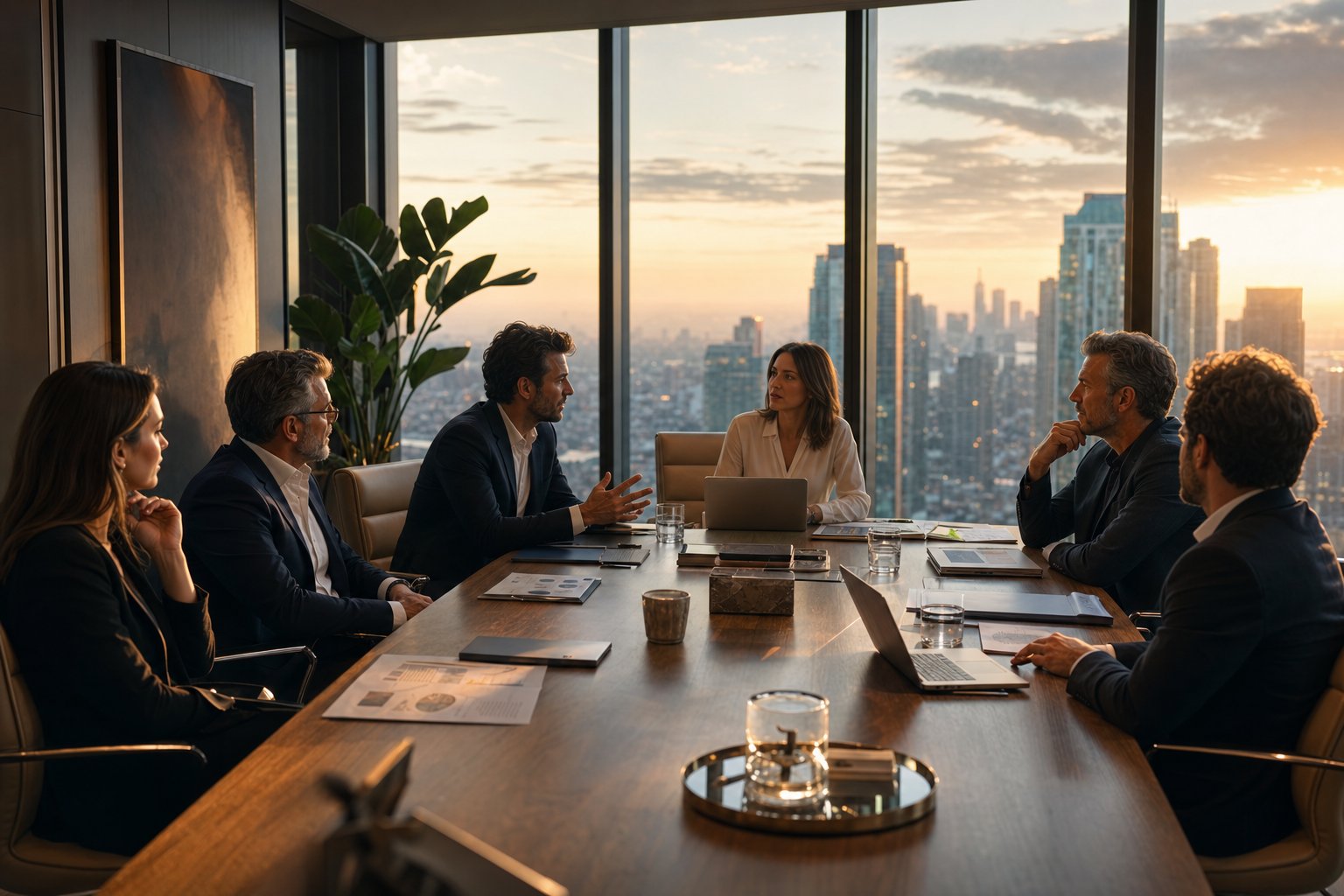 Investment team reviewing deal in modern boardroom