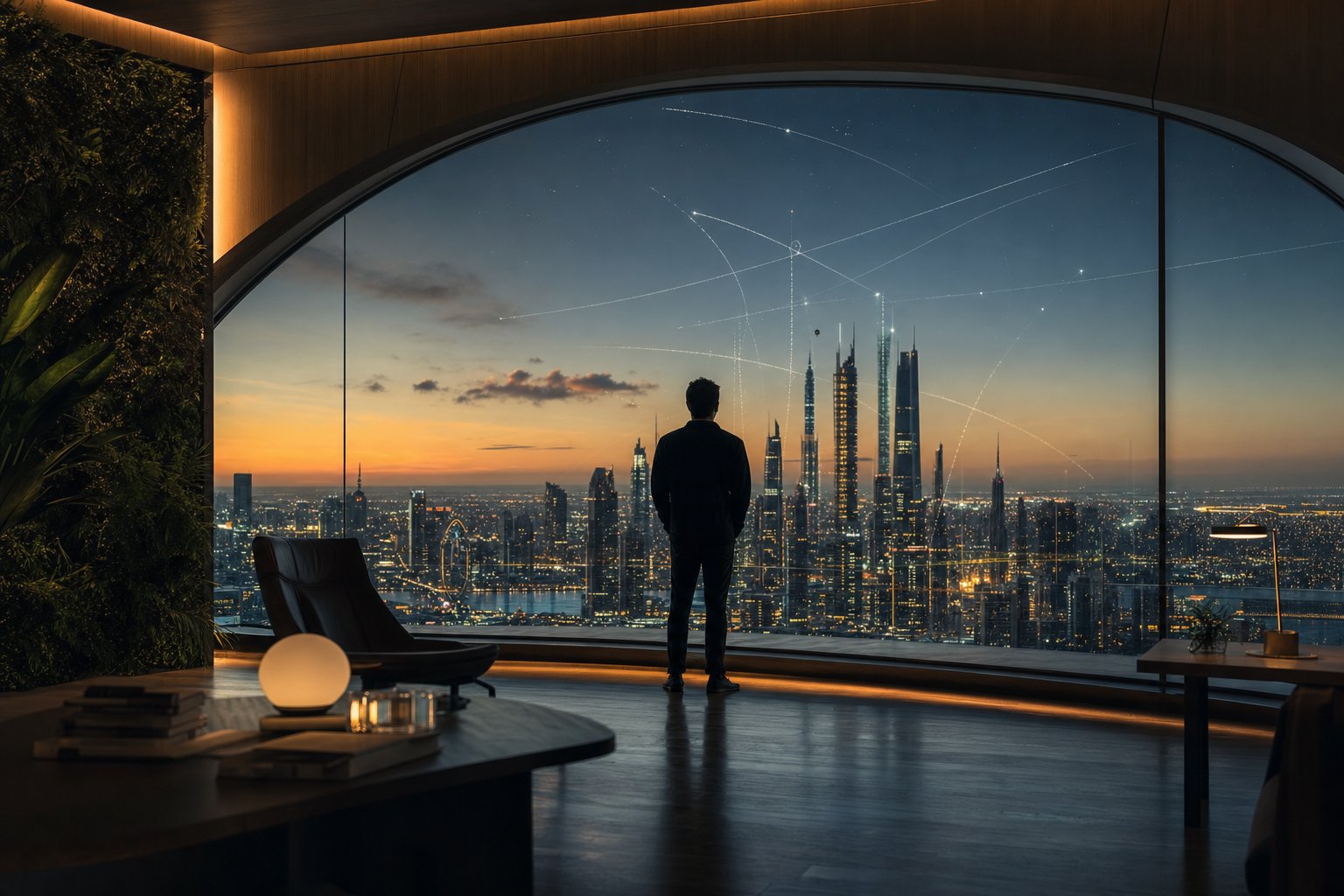 Founder overlooking city skyline at twilight